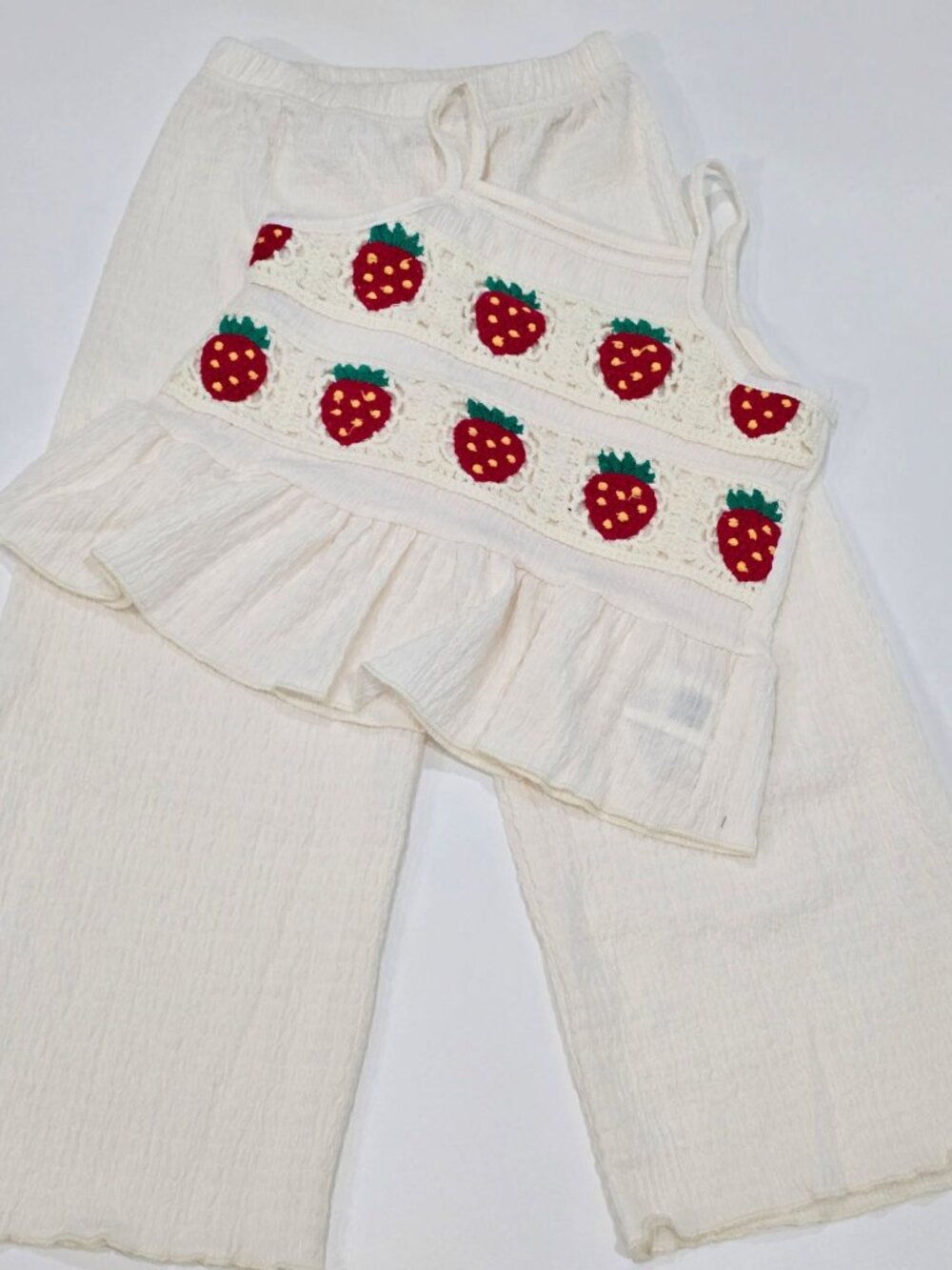 Shein ✦ Crochet Tank & Ruffle Pants Set ✦ Apricot Strawberry 2‑Piece 5Y NWT - Picture 6 of 9
